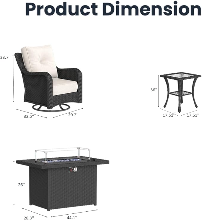 7 Pieces Outdoor Patio Furniture Sets with Rocking Swivel Chairs with 6-inch Thick Cushion and Fire Pit Table for Deck Lawn