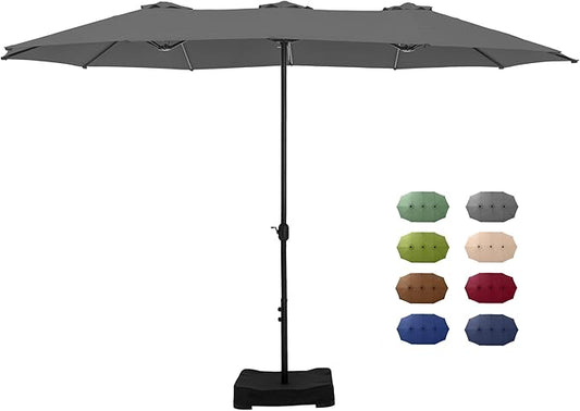 GREEN PARTY 15 ft Rectangle Patio Umbrella with Base Included, Double-Sided Table Umbrella with Crank, Large Outdoor Umbrellas for Patio Poolside Garden Backyard, Smoky Gray
