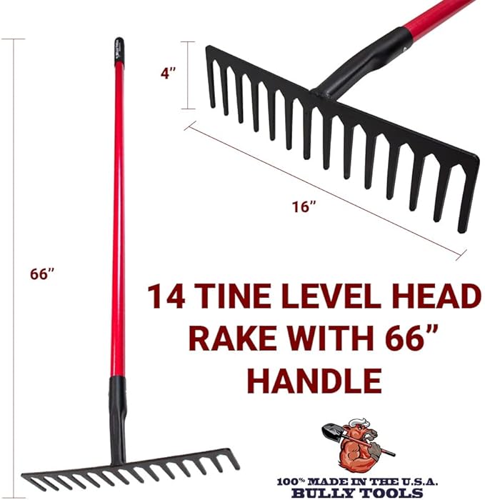 Bully Tools 92301 7 Gauge 16" Level Head Rake with Fiberglass Handle, 66"