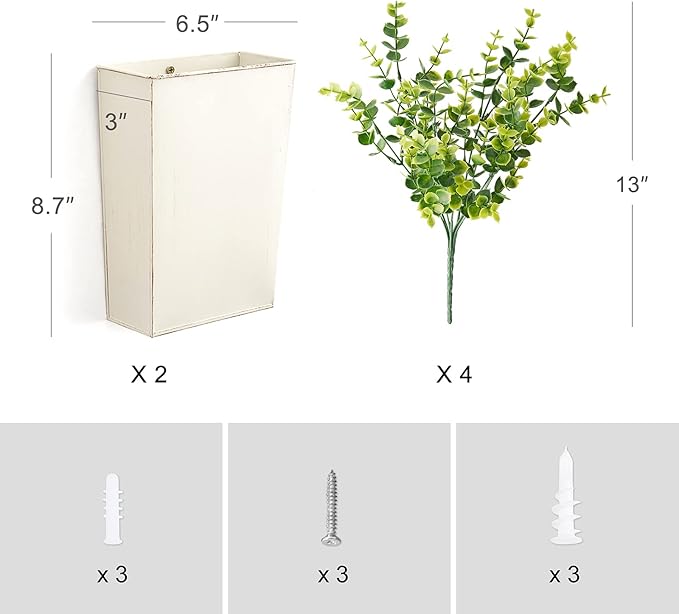 Dahey 2 Packs Metal Wall Planter with Artificial Plants, Farmhouse Wall Decor Hanging Wall Vase Boxs Galvanized Flowers Holder for Country Rustic Home Wall Decor, White