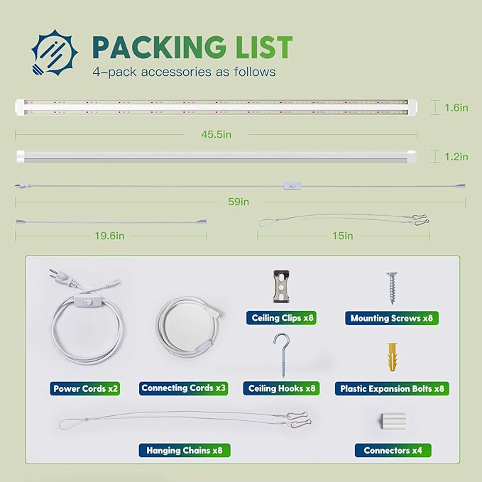 FREELICHT 4 Pack 4FT LED Grow Lights, 160W (4 x 40W,1080W Equivalent), Full Spectrum Sunlight Growing Lamp Fixture, Hanging Plant Light for Hydroponic Indoor Plants Seeding, Plug-in with On/Off Switch