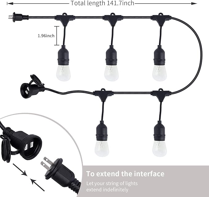 FRIDEKO HOME Waterproof Outdoor String Lights - 12Ft Commercial Grade Patio Lights Heavy Duty Light String Hanging Light Fixture with 11W S14 Bulbs for Deckyard Garden Porch Party Decor