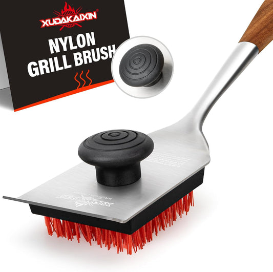 Grill Brush and Scraper, Dual Grip Design,Extra Strong BBQ Cleaner Accessories,Safe Nylon Bristles Barbecue Triple Scrubbers Cleaning Brush for Cast Iron Grates/Porcelain/Charcoal Grill