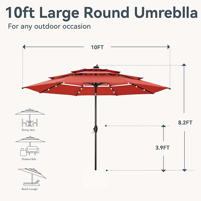 GREEN PARTY 10ft Outdoor Patio Umbrella, Auto-Tilt Market Table Umbrellas with Crank, 8 Sturdy Ribs & 1.5" Pole UV Protection for Garden Deck Backyard Pool