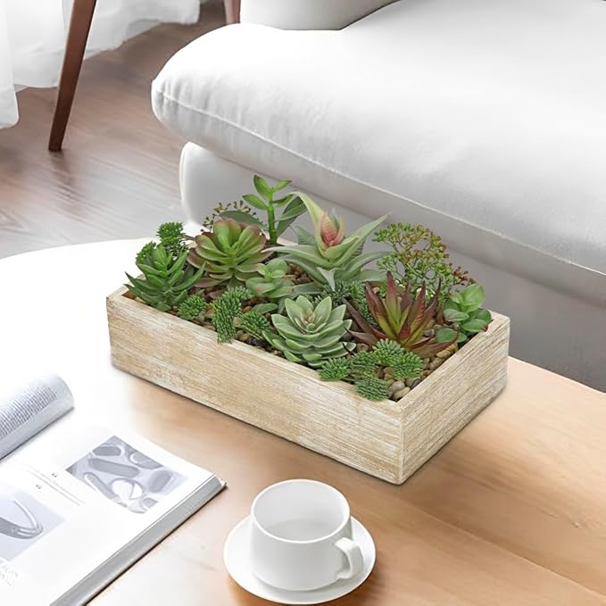 Artificial Succulent Plants in Pot 10 Inch Fake Succulent Arrangement Potted Succulents Plants Centerpiece in Rectangular Wooden Planter for Home Office Desk Shelf Living Room Bedroom Farmhouse Decor