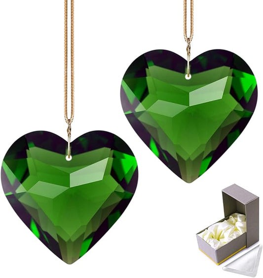 Green Heart Crystal Suncatcher, 2pc 45mm Hanging Prism for Windows, Outdoor Indoor Decoration, Rainbow Maker Gifts for Mom, Grandma, Friend