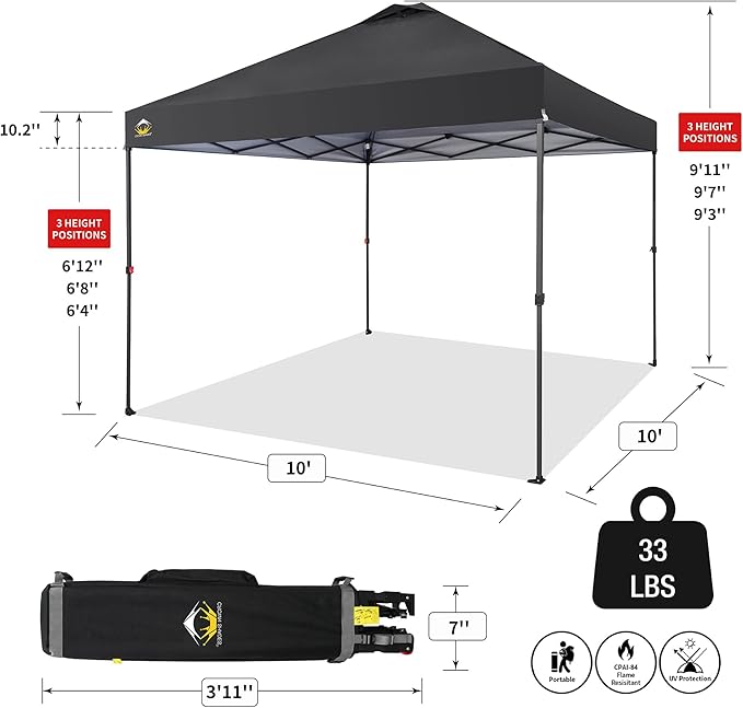CROWN SHADES 10x10 Pop Up Canopy Tent - Patented Center Lock One Push Instant Outdoor Canopy Beach Tent with STO-N-Go Bag 8 Stakes & 4 Sand Bags,Black