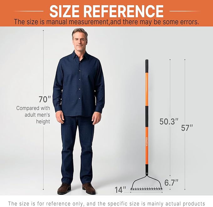 Garden Rake Heavy Duty with Orange Fiberglass Handle - 14-Tooth Metal Yard Hard Rake for Gardening, Farming, and Yard Work ,57 Inch