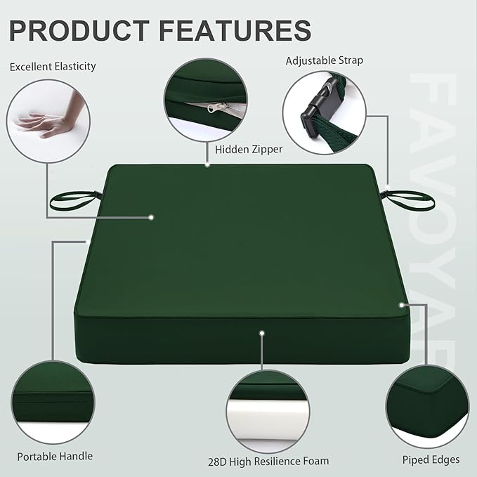 Favoyard Patio Chair Cushions 18 x 18 x 3 Inch Waterproof Outdoor Seat Cushions for Patio Furniture 3-Year Color Fastness Garden Sofa Couch Chair Pads with Handle & Adjustable Straps Set of 2, Green