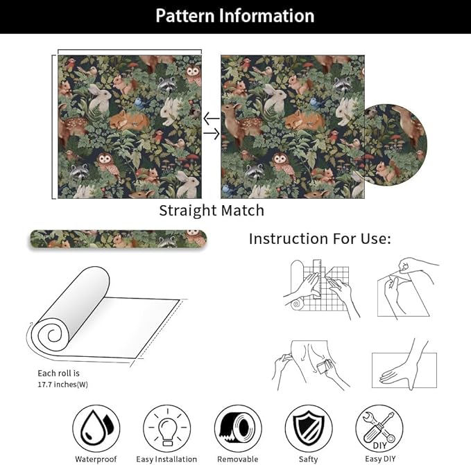 Green Plants Leaf Animal Forest Deer Rabbits Squirrel Owl Peel and Stick Wallpaper Self Adhesive Removable Easy Peel Off Contact Stick on Wall Paper for Bedroom Cabinet Renter Friendly