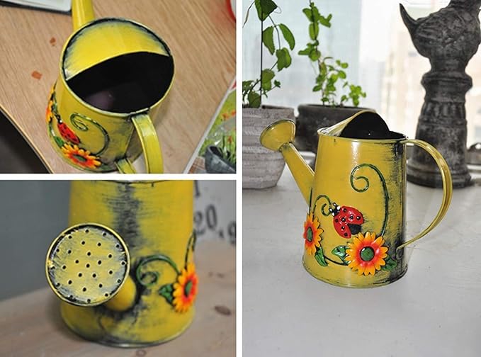Decorative Sunflower & Ladybug Metal Watering Can (Vol: 4 Cups) | Small Yellow Watering Can | Garden Décor Housewarming Gift for Mother Women Friends Gardeners