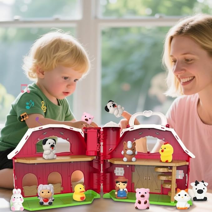 Big Musical Red Barn Toy Farm Animal Finger Puppets for 1 2 3 4 5 Years Old, Animal Figures Playset with Farm Tails Baby Book, Sensory Learning Toys Gift for Toddlers Boys Girls