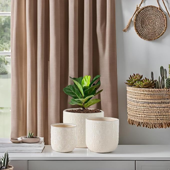 Docrin Ceramic Plant Pots Indoor:6.5+5.3+4 Inch Planters with Drainage Holes for Home/Office - Set of 3 / White