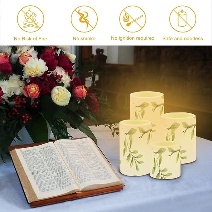 Green Leaves Flameless Candles Battery Operated Candles Set of 4 with 18-Key Remote Control Timer Dancing Flame Pillar Candles for Home Beach Hotel