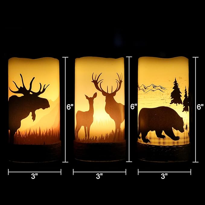 Flickering Flameless Candles with 6H Timer, LED Warm Light Pillar Candles Battery Operated Real Wax with Hemp Rope, Deer, Moose, Bear, Home Table Decoration for Wedding Party