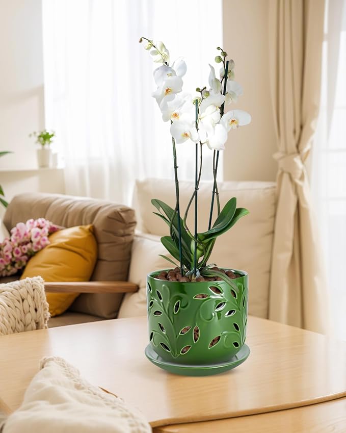 EFISPSS Orchid Pot with Holes, 5+6Inch Ceramic Plant Pots with Drainage Holes and Tray, Promoting Air Circulation and Drainage, Indoor/Outdoor Flower Pots-Green