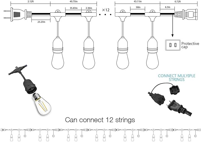 Banord Outdoor String Lights Commercial Grade 96ft Waterproof with 30 S14 Shatterproof Dimmable LED Bulbs, Heavy Duty Hanging Lights for Patio Garden Backyard Decoration, 2W 2x48ft Strands