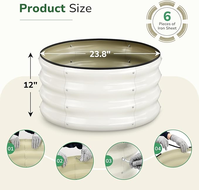 GreatBuddy 2x2x1 ft Round Galvanized Raised Garden Bed, Easy-Assembly Raised Bed with Anti-Cut Gloves & Tools, Rust-Proof Garden Bed for Outdoor, Vegetables, Herbs, Small Trees, White