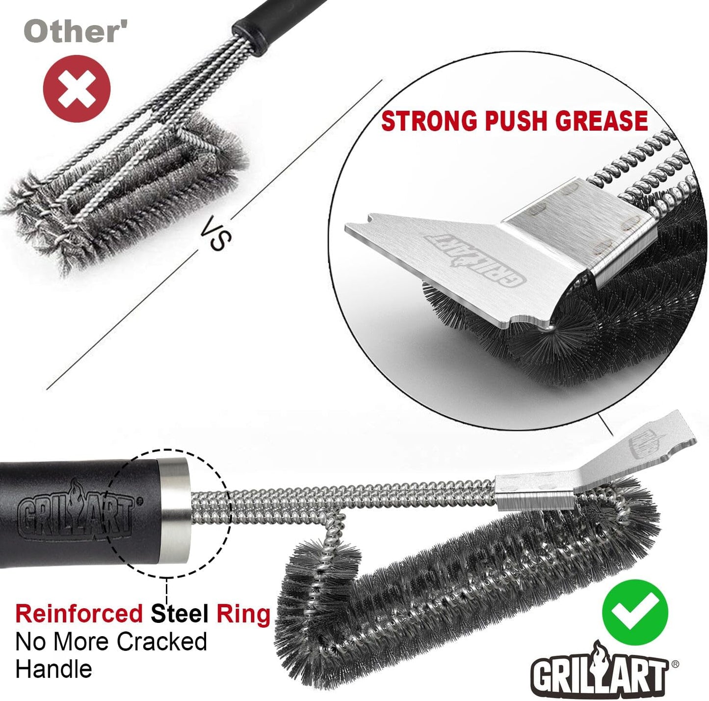GRILLART Grill Brush and Scraper BBQ Brush for Grill, Safe 18" Stainless Steel Woven Wire 3 in 1 Bristles Grill Cleaning Brush, BR-4516