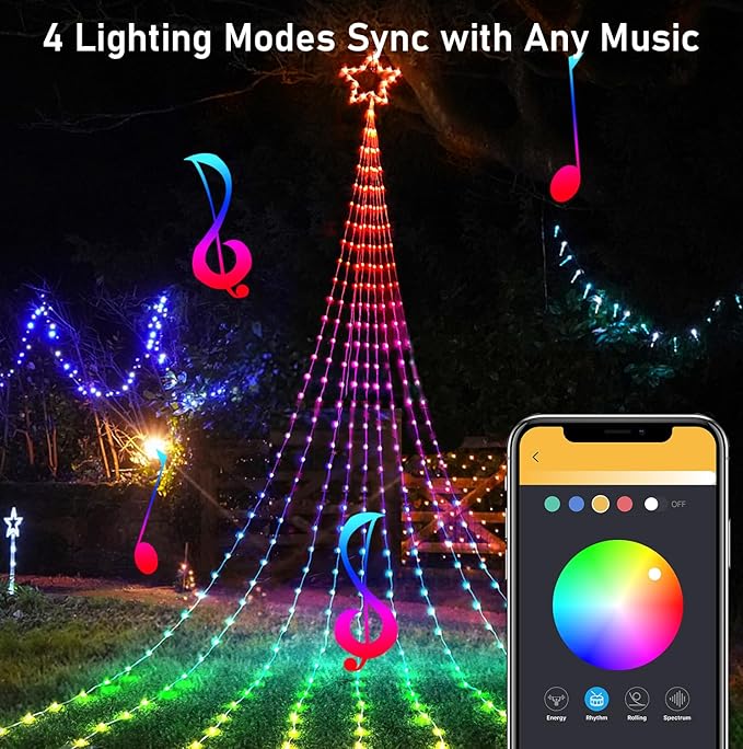 Christmas Decoration Smart Outdoor Star String Lights, 11.8Ft Christmas Tree Toppers Lights App Programmable, 344 LED 48 Modes Waterfall Lights with 12" Lighted Star for Xmas New Year Holiday Decor