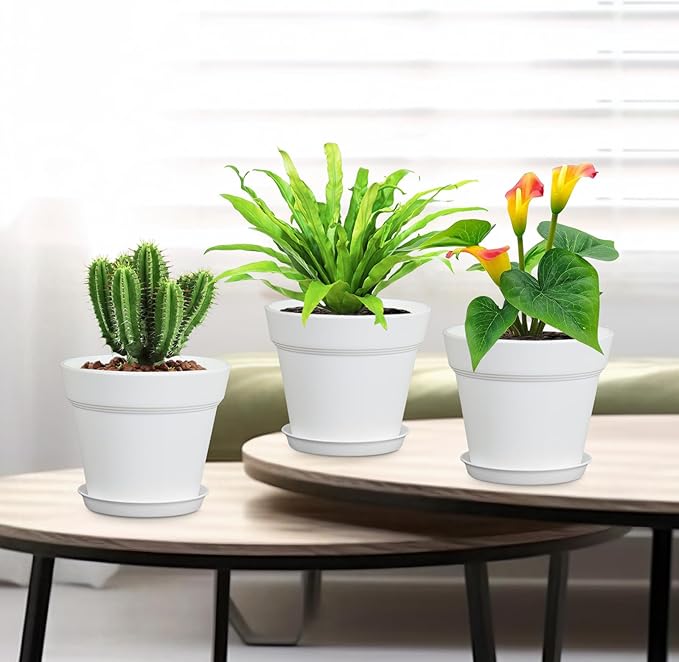 6 inch Plastic Nursery Pots, 16 Pack Plant Pots for Indoor Outdoor Plants, Flower Pots with Drainage Holes and Saucers, Decorative Seedling Starter Planters for House Plants, White