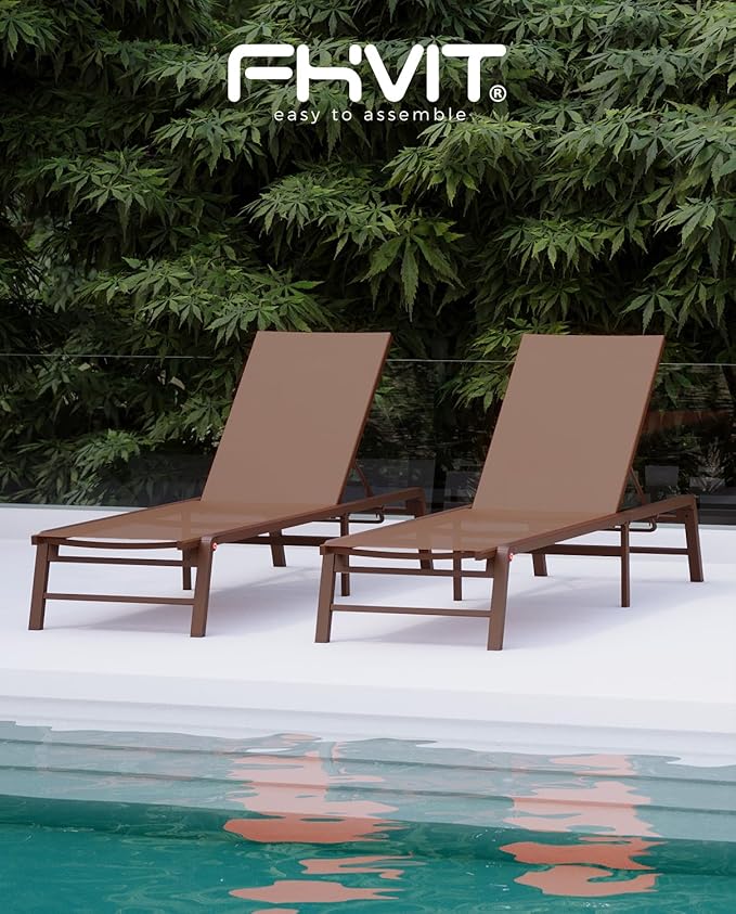 Aluminum Chaise Lounge Chair Outdoor, Foldable Patio Lounge Chair 2 Sets Assemble-Free, Pool Lounge Chairs with 5 Adjustable Backrest, Outdoor Lounge Chairs for Outside Poolside Beach Lawn Brown