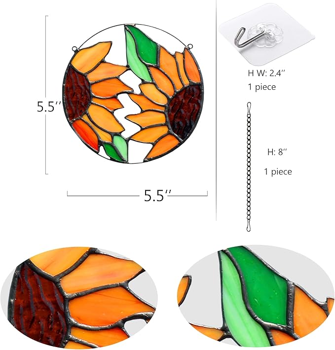 BOXCASA Sunflower Decor Stained Glass Window Hanging,Handmade Art Craft Sun Flower Glass Suncatchers for Window,Tiffany Style Ornament Home Decoration Housewarming Gifts for Mother