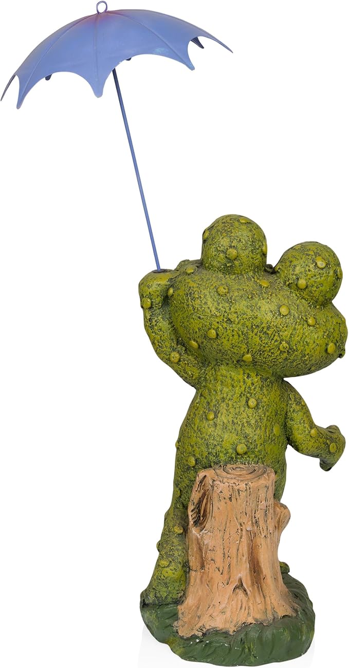 Alpine Corporation QWR1002 Indoor/Outdoor Smiling Frog with Purple Umbrella Garden Statue, Playful Frog Statue, 27" H, Green