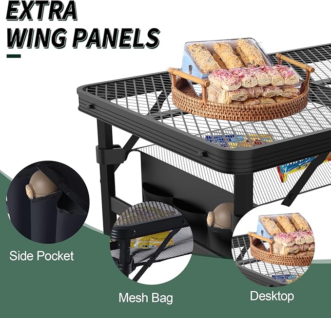 Folding Table, 2x1.3 FT Camping Table with Mesh Desktop,Folding Grill Table with Mesh Bag,Portable Outdoor for Picnic,Camping,BBQ,Beach(Black)