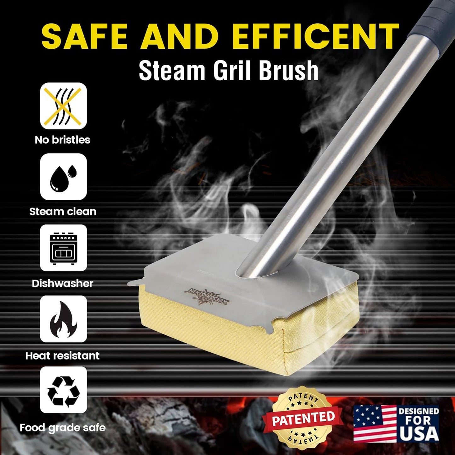 Grill Brush Bristle Free,BBQ Replaceable Scraper Cleaning Head,Safe Grill Accessories for Cast Iron Grates/Porcelain/Weber Gas/Charcoal Grill,Grill Brush for Outdoor Grill-Yellow