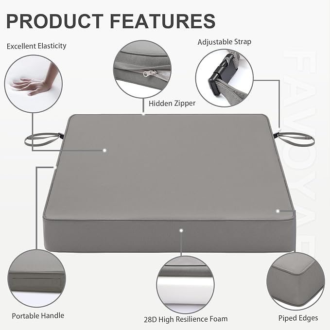 Favoyard Patio Chair Cushions 18.5 x 16 x 3 Inch Waterproof Outdoor Seat Cushions for Patio Furniture 3-Year Color Fastness Garden Sofa Couch Chair Pads with Handle & Adjustable Straps Set of 2, Grey