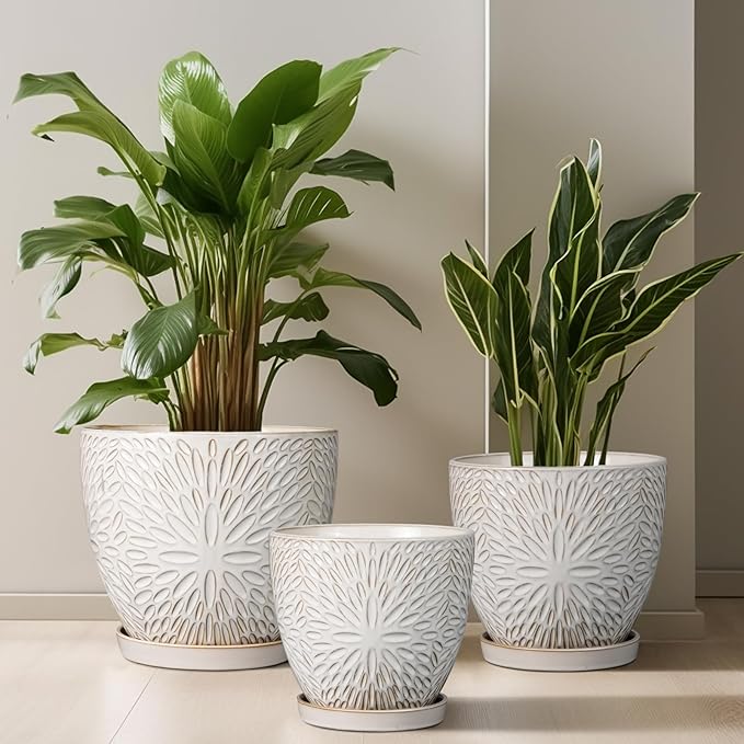 G EPGardening 10 Inch Ceramic Planter Pot with Drainage Hole and Saucer Large Plant Pot for Indoor Plants Outdoor Round Flower Pot for Home Garden Office White