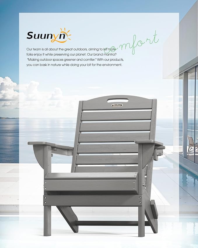 Adirondack Chair Folding HDPE Adirondack Chairs with Cup Holder, Outdoor Fire Pit Chairs All-Weather Lawn Chair for Deck Patio Garden (Grey)