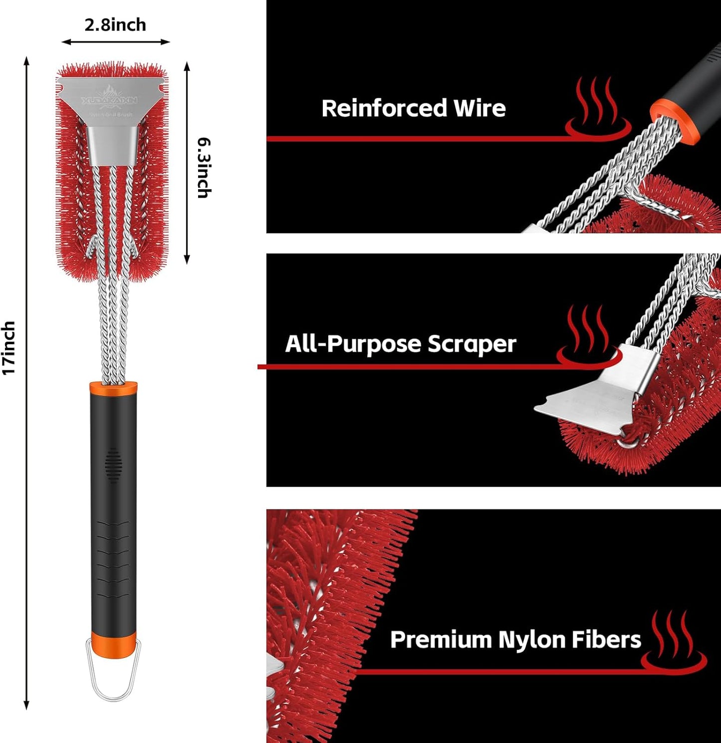 Grill Brush and Scraper, Safe Nylon Bristles Barbecue Triple Scrubbers Cleaning Brush for Cast Iron Grates/Porcelain/Weber Gas/Charcoal Grill,Extra Strong BBQ Cleaner Accessories (Red)