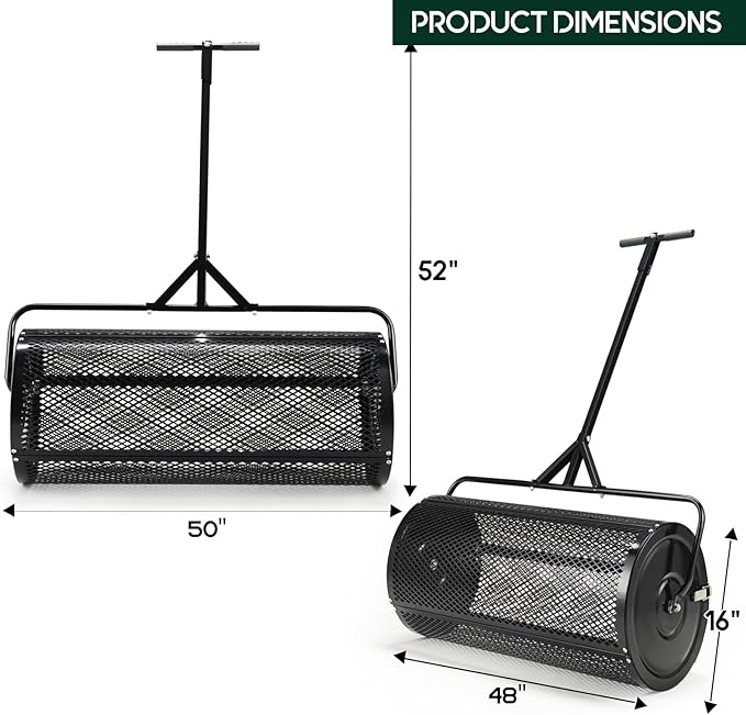 Compost and Peat Moss Spreader with Updated 2 in 1 ATV & T Shaped Handle, 16”WX48”L, Lawn and Garden Peat Moss Roller w/Laser Cutting Wire Mesh Baskets for Spreading Manure, Topsoil