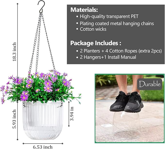 6.5 Inch 2 Pcs Self Watering Hanging Planter Indoor Plant Pots Drainage Holes, Outdoor Hanging Planters Flower Pot Basket, Visible Water Level, Plant Hanger Home Decor, Gardening