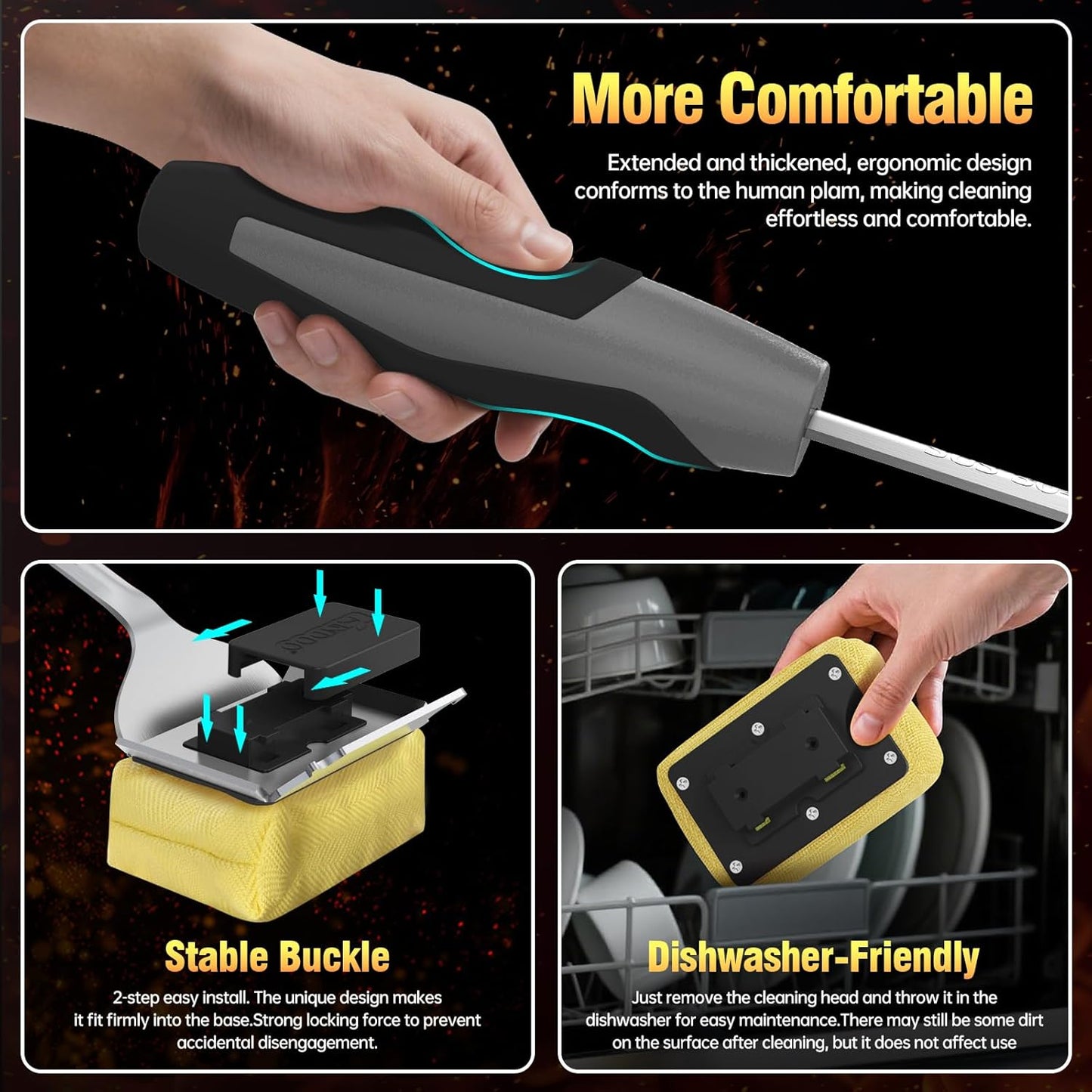 Grill Cleaning Brush Bristle Free for Outdoor Grill Brush Extended Handle for Cast Iron Stainless-Steel Grates, Replaceable BBQ Cleaner Brush Head, Steam Safe Grill Brush with Scraper, Black