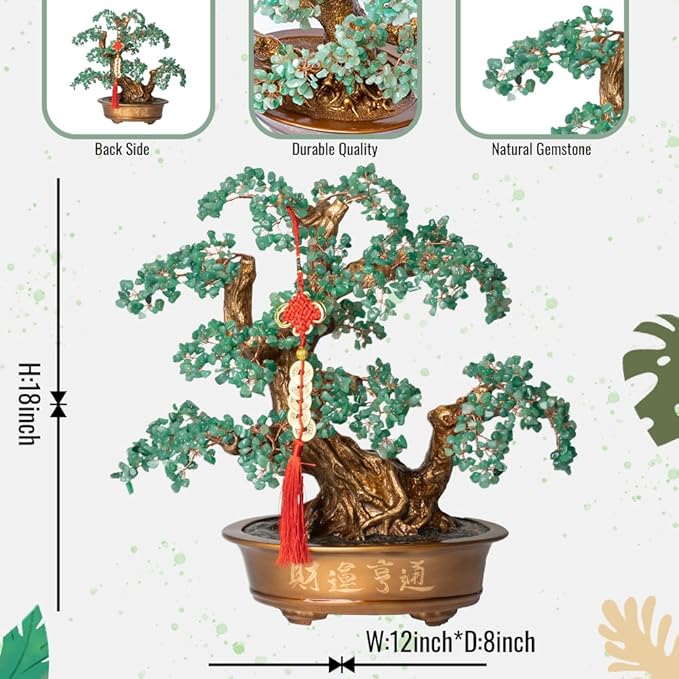Green Aventurine Gemstone Crystal Bonsai Tree of Life(1,350 Gemstone Count) Large Feng Shui Money Chakra Tree for Luck and Wealth Desk Decoration 20 Inches