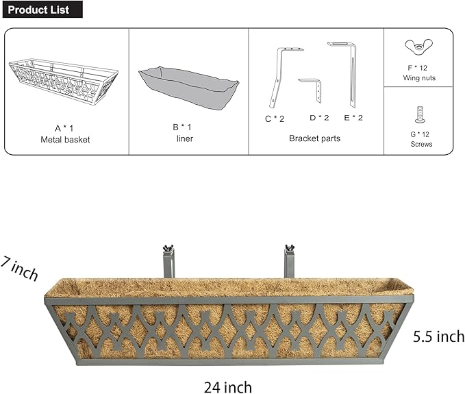 4 Pack 24 Inch Window Boxes Planters Railing Planter Box with Adjustable Brackets for Porch Fence Patio Balcony Hanging Flower Baskets with Coco Liners for Outdoor Garden Decor - Grey