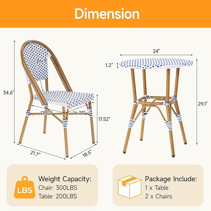 3 Piece French Wicker Bistro Set, Patio Bistro Set with Table and 2 Dining Chairs, All Weather Outdoor Bistro Set with Aluminum Frame, Outdoor Patio Set for Patio Porch Cafes Yard, Navy and White