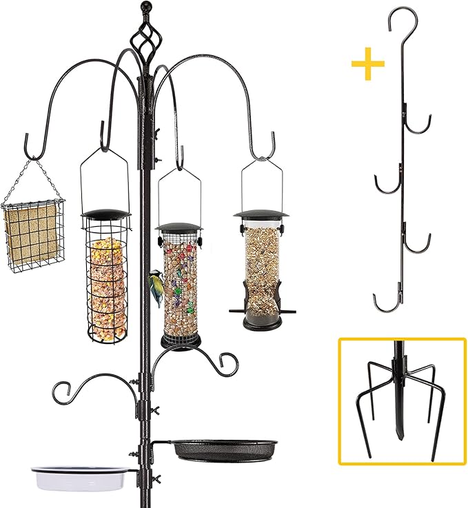 Bird Feeder Station with Suet Cage & Water Bowl Fruit Hook- Adjustable Pole, 6 Hanging Hooks for Wild Birds, Outdoor Garden Bird Feeding Kit