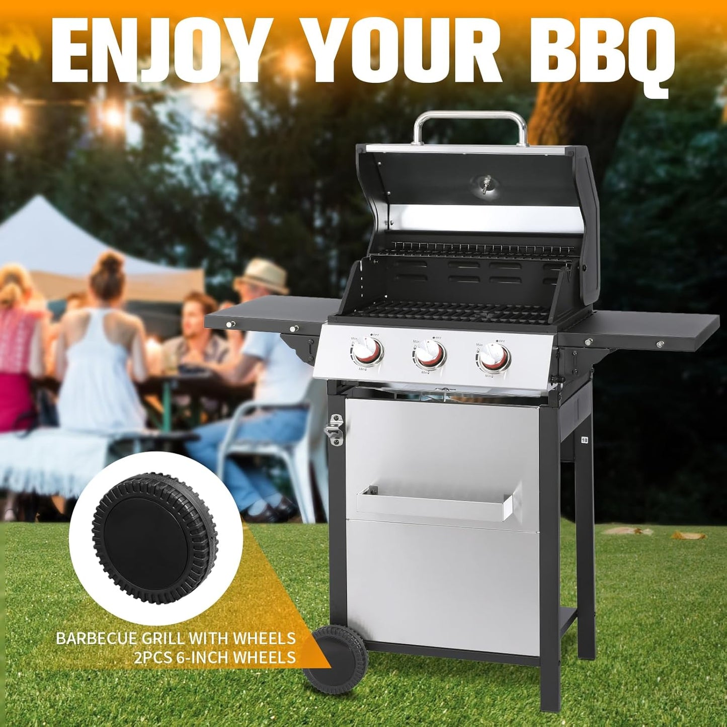 CIG GARDEN 3-Burner Propane Gas Grill,Outdoor Barbecue Grill with 2 Foldable Side Tables,Double-layer Stainless Steel Grill Lid with Cast Iron Grates,31500 BTU Output Perfect for Camping,BBQ Grill