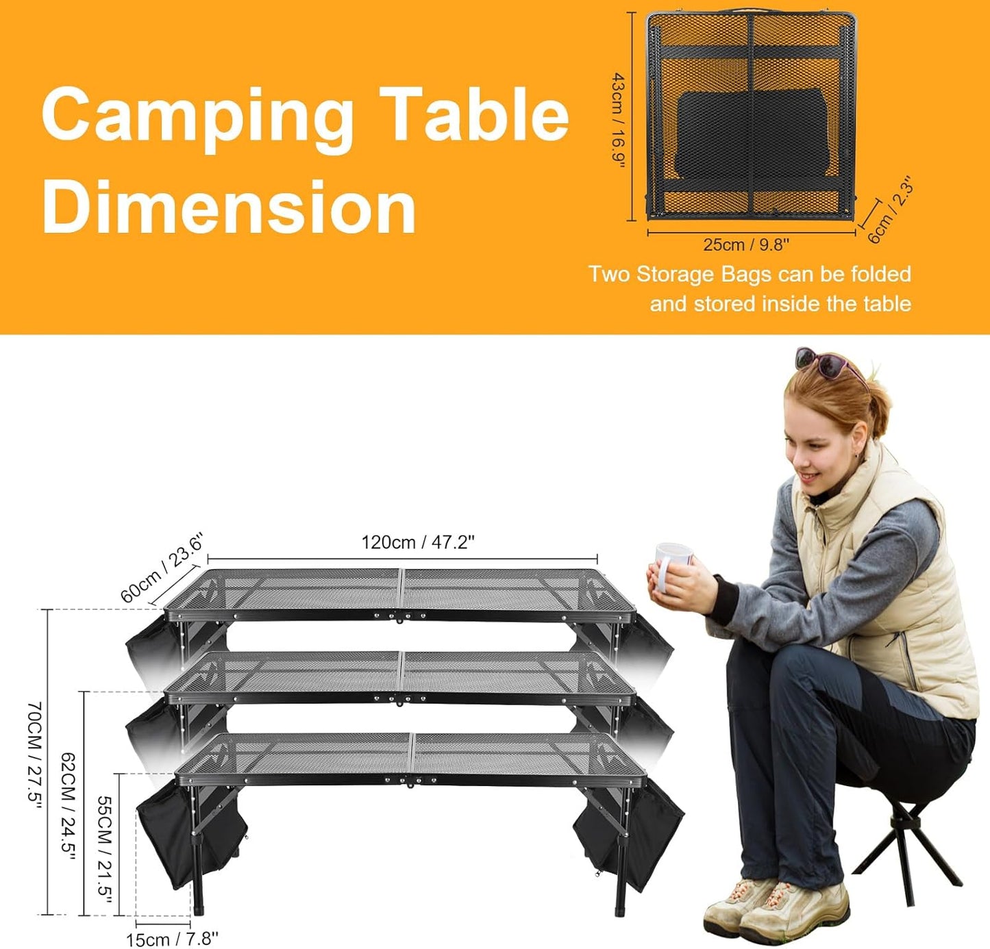 Grill Table 4FT Camping Table with 7/15 L Storage Bag 3 Height Adjustable Picnic Table Foldable Folding Portable Stand Mesh Outdoor BBQ