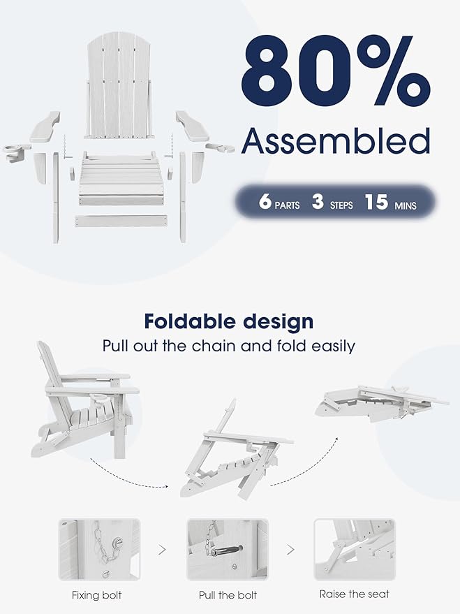 KINGYES Folding Adirondack Chair with Dual Cup Holders - HDPE All-Weather Outdoor Chairs, Wood-Like Patio Chair for Backyard, Camping, Pool & Fire Pit, White