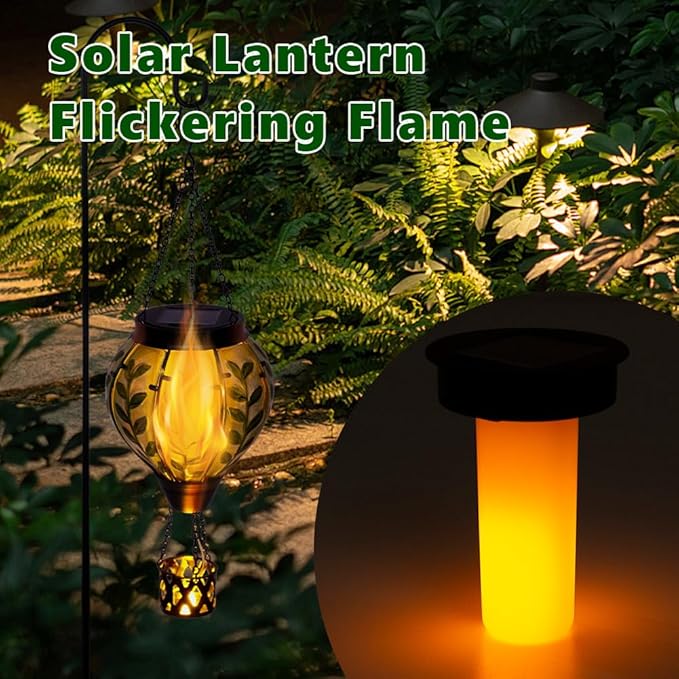 Green Leaf Hot Air Balloon Solar Lantern with Flickering Flame Light,Glass Hanging Solar Lanterns Outdoor Waterproof Hot Air Balloon Decor for Patio Party Yard Tree,Garden Gifts for Women Mom