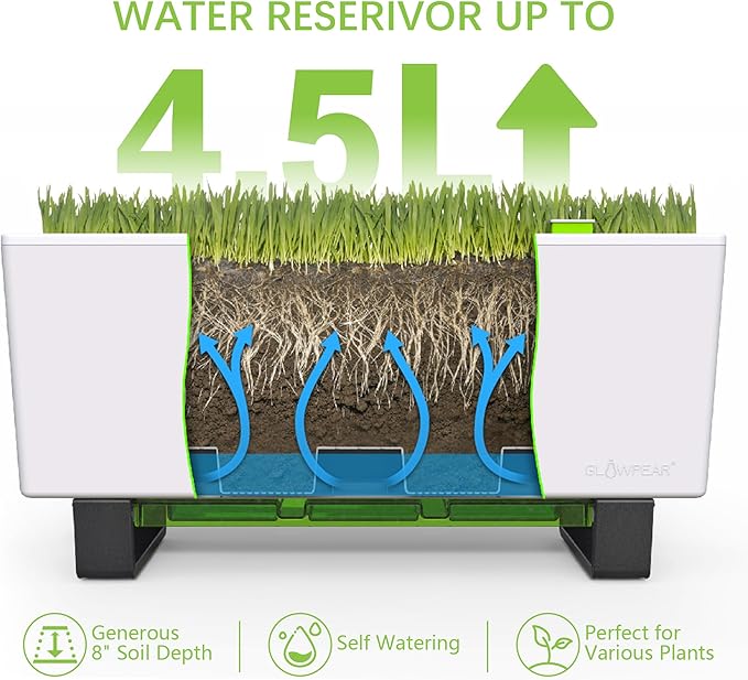 Glowpear Self-Watering Mini Bench Planter - 23.6" in Pot, Free Standing, UV Stable, Scalable, Indoor | Outdoor Pot with Water Gauge, for Home Kitchen Windowsill Gardening