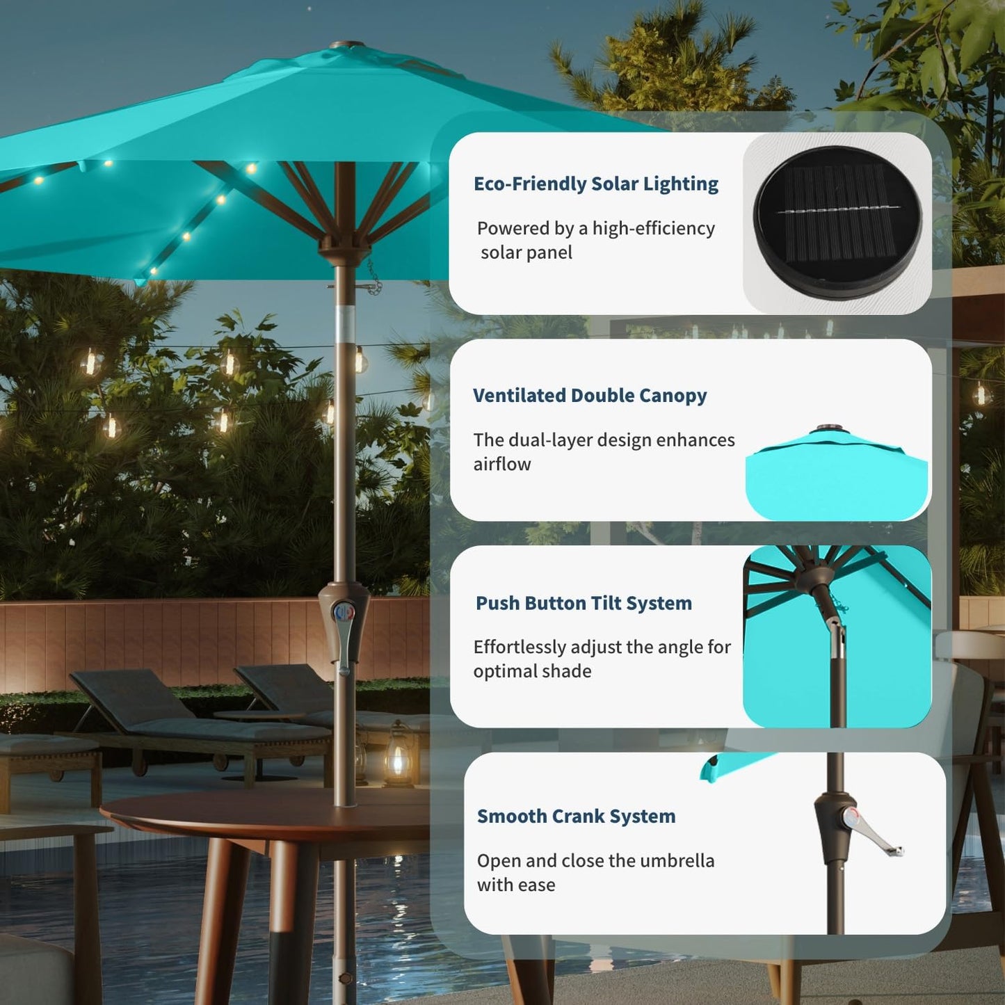 9FT Solar Umbrella 32 LED Lighted Patio Umbrella Table Market Umbrella w/Tilt and Crank, UV-Resistant Outdoor Umbrella for Pool, Garden, Deck, Aqua Blue