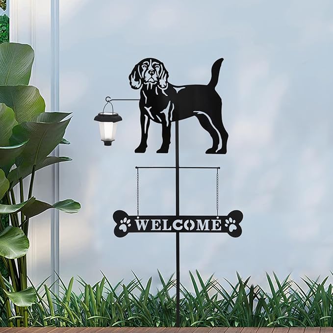 BAYN Solar Beagle Silhouette Dog Breed Welcome Sign with a Lantern Outdoor Decorative Garden Stakes for Yard, Lawn, Patio, Pathway