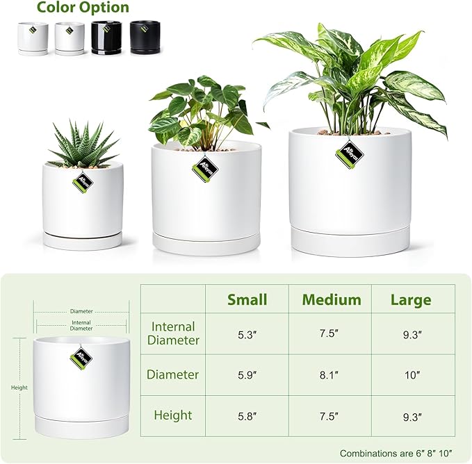 Aveyas 10 inch Ceramic Plant Pot with Drainage Hole and Saucer - Suitable for Indoor and Outdoor Use, Modern Planters for House Garden Flower Tree Snake Monstera Plants (10", Matte White)
