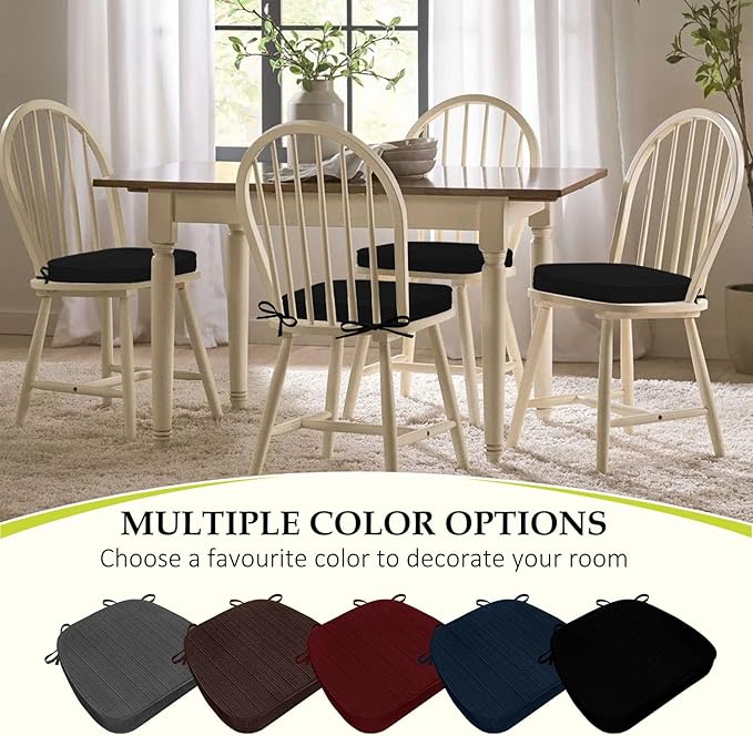 Chair Cushions for Dining Chairs, Indoor Chair Cushions with Ties,Waterproof Chair Pads Set of 6, Black, 17x16x2.5 Inch